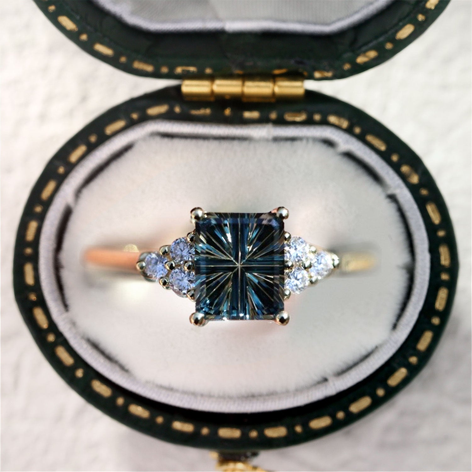 Vintage Unique Teal Starlight Emerald Cut Lab Sapphire Ring - Orlina Jewelry