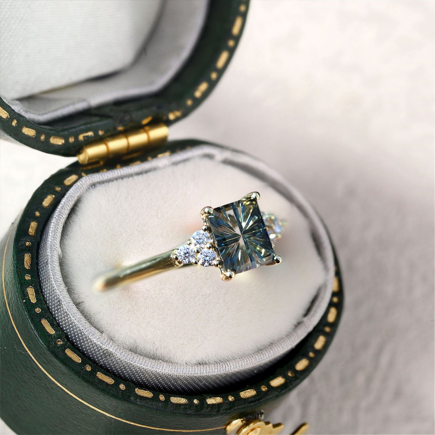 Vintage Unique Teal Starlight Emerald Cut Lab Sapphire Ring - Orlina Jewelry