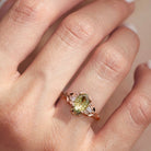 Vintage Unique Three Stone Oval Green Lab Sapphire Leafy Ring - Orlina Jewelry