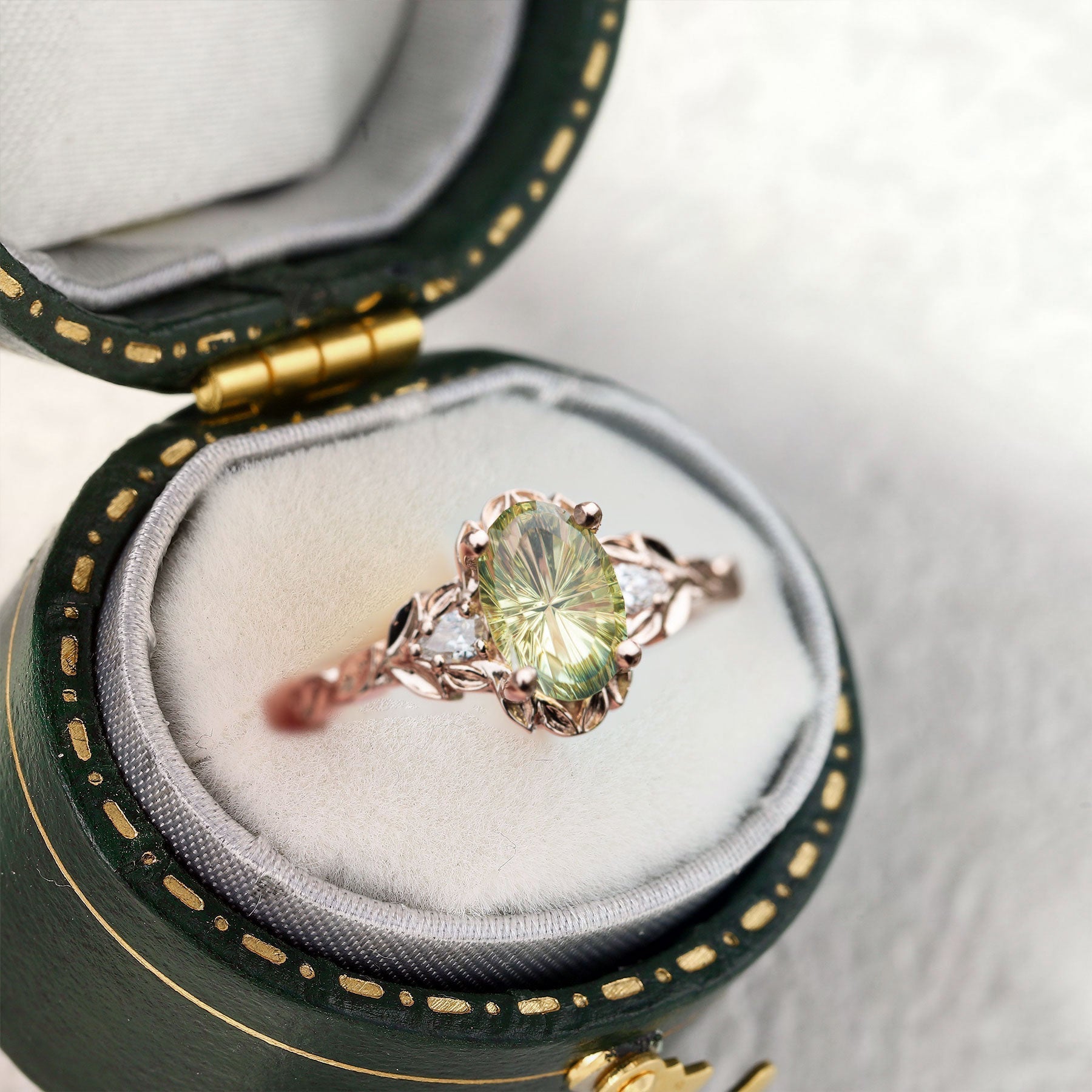 Vintage Unique Three Stone Oval Green Lab Sapphire Leafy Ring - Orlina Jewelry