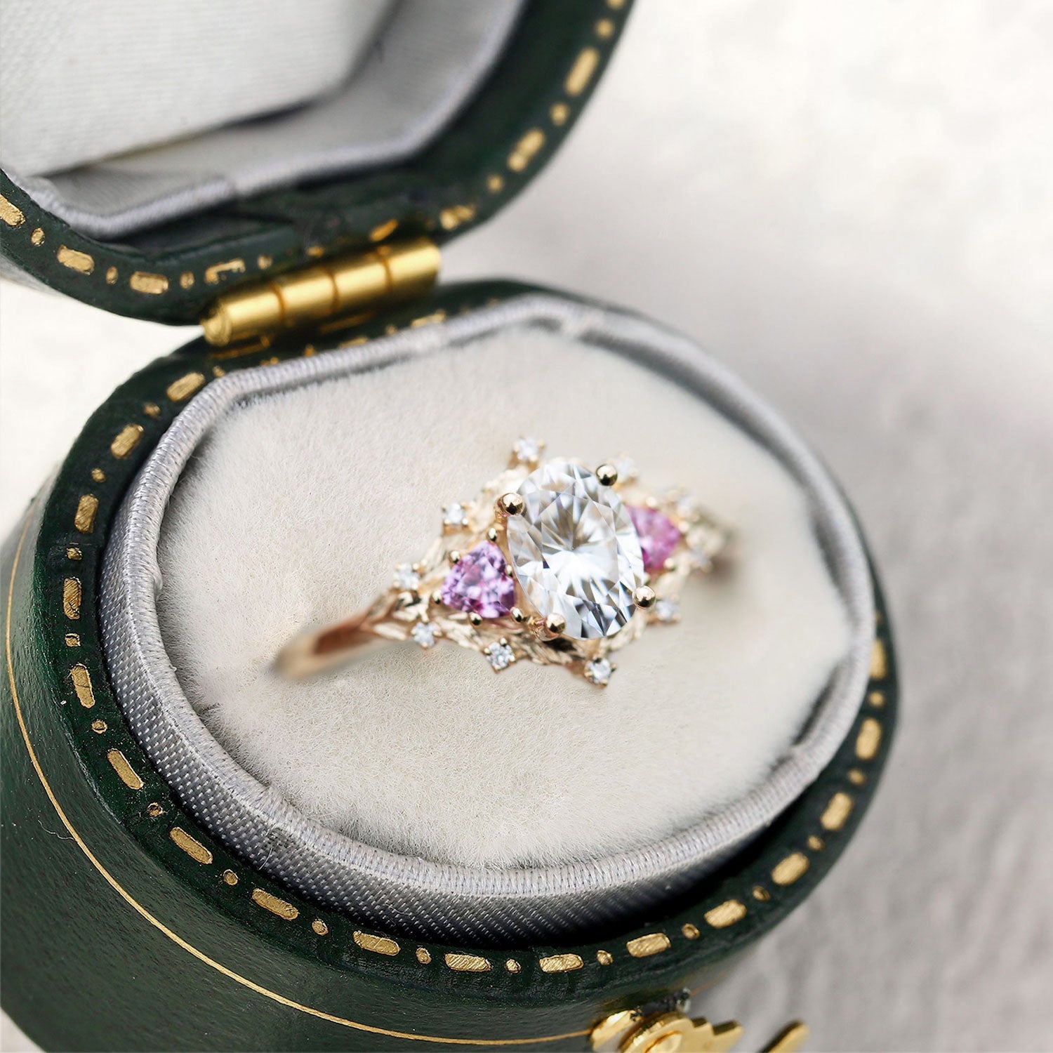 Woodland Three Stone Moissanite Pink Sapphire Engagement Ring - Orlina Jewelry