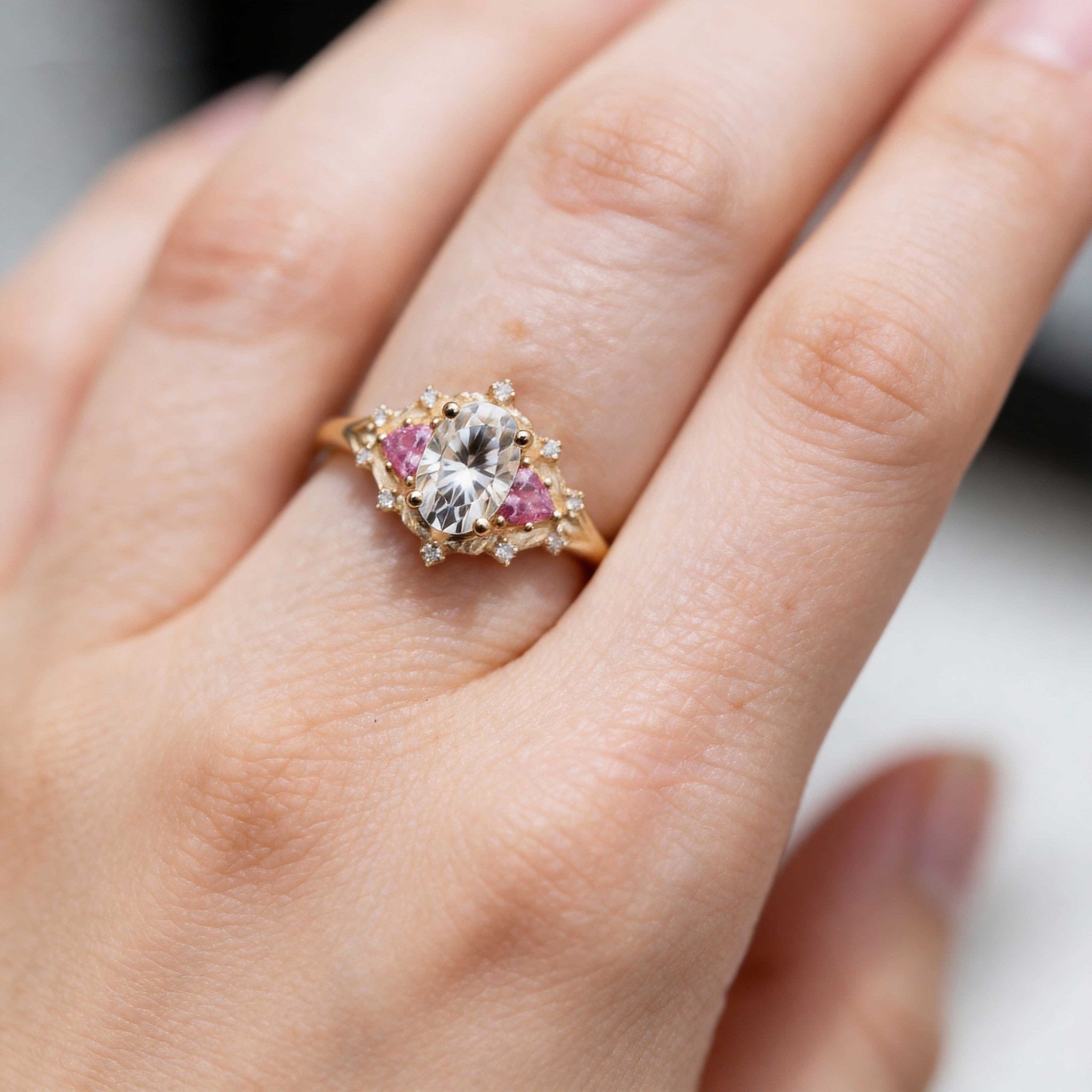 Woodland Three Stone Moissanite Pink Sapphire Engagement Ring - Orlina Jewelry