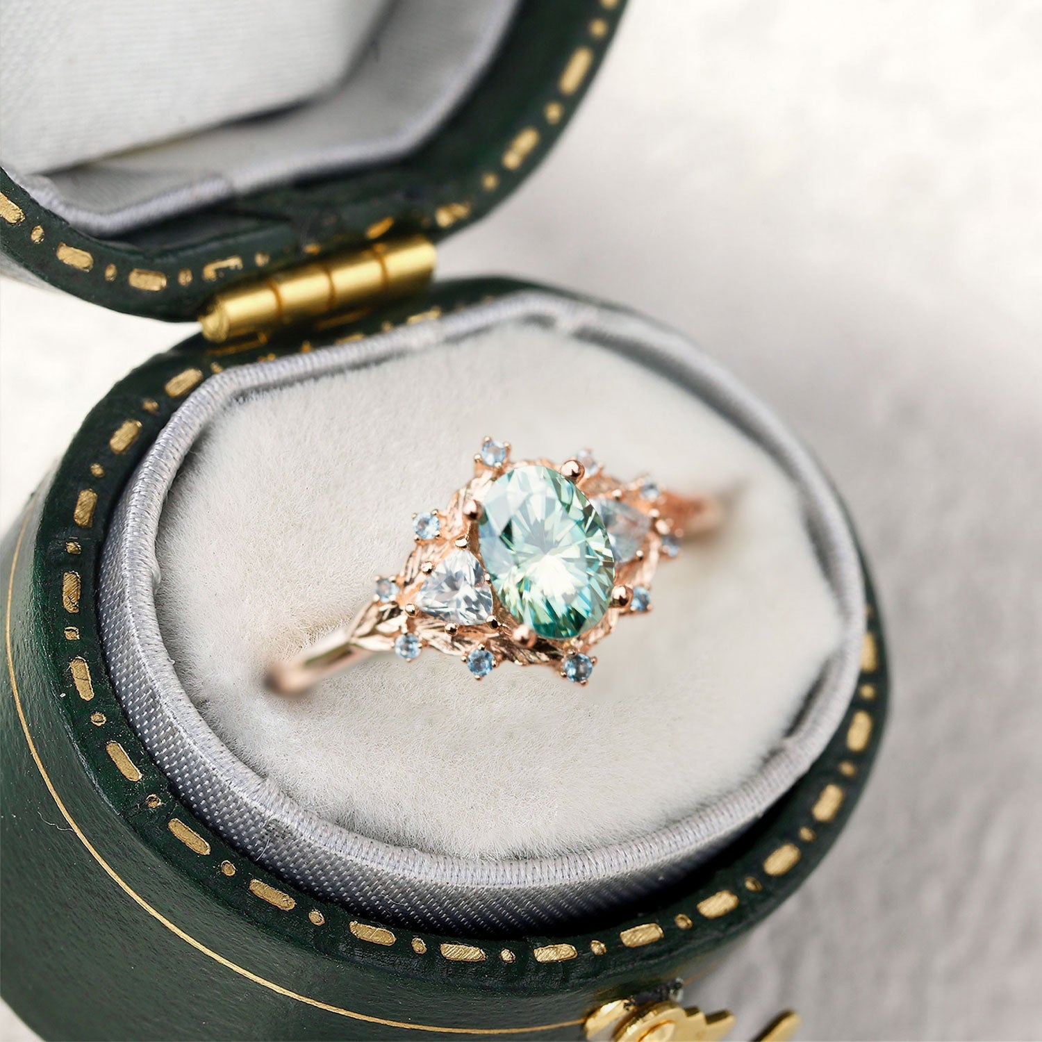 Woodland Three Stone Teal Moissanite Engagement Ring - Orlina Jewelry