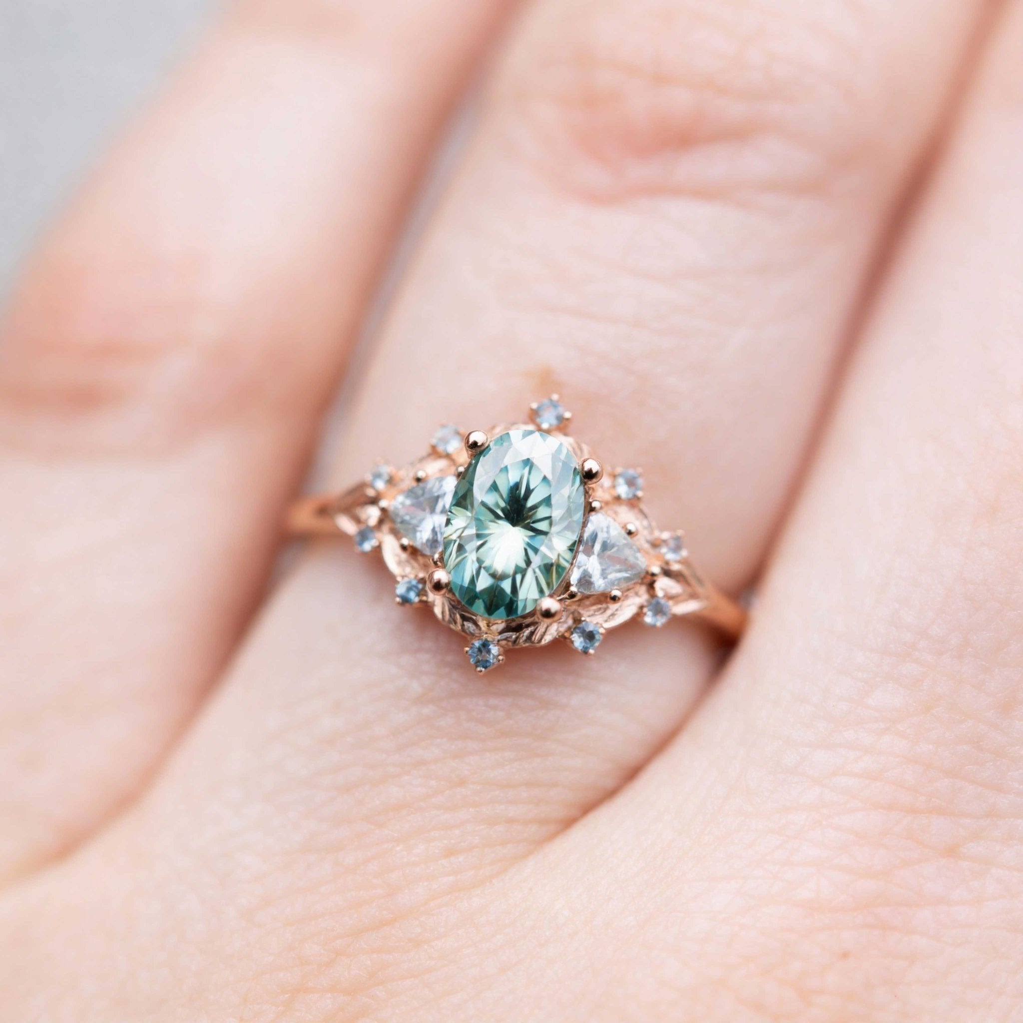 Woodland Three Stone Teal Moissanite Engagement Ring - Orlina Jewelry
